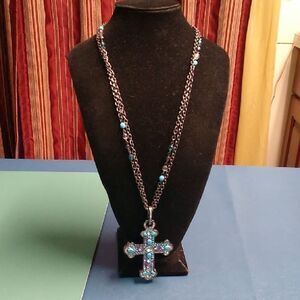 Faux Turquoise Cross Silver Tone Metal Pendant Necklace LG & SM Rhinestones